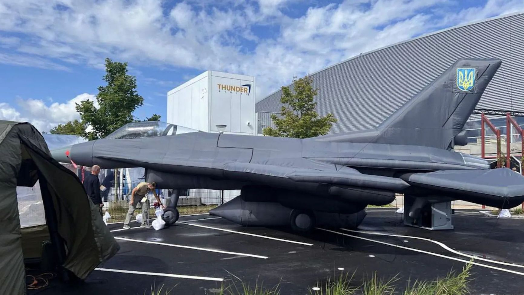 A Ukrainian-marked F-16 decoy at the Industry Days defense exhibition in Denmark.